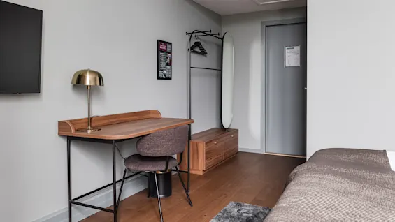 A modern bedroom with a bed, desk, chair, and TV. A wall-mounted coat rack and mirror add functionality to the space.