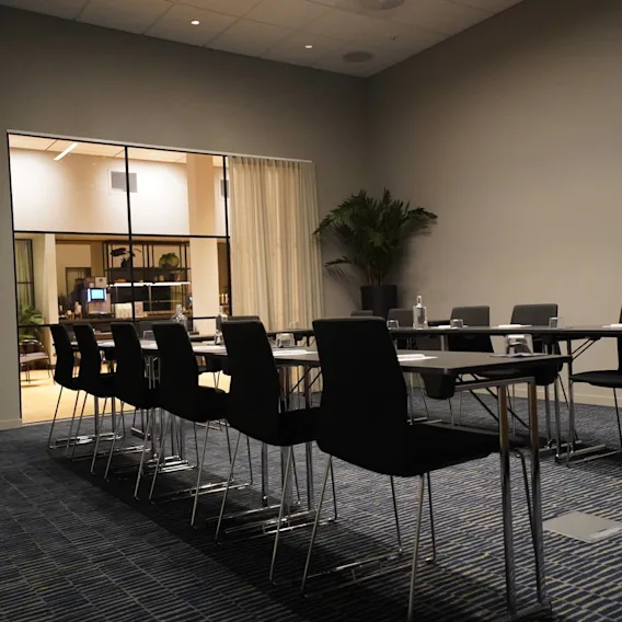 Tables and chairs arranged in a conference room with carpeted flooring; a window reveals an adjacent room with a plant visible in a corner, enhancing the professional setting.
