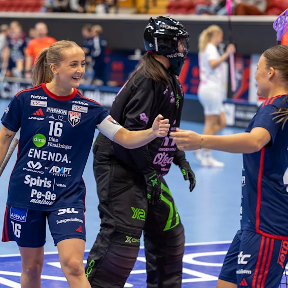 Salibandypelaajat juhlivat kentällä, pelaaja numero 16 ja toinen numero 2, vuorovaikutuksessa maalivahdin kanssa.