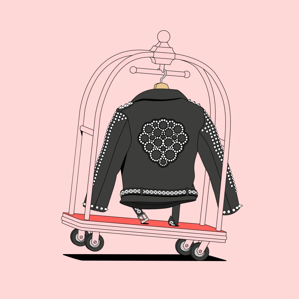 Illustration of a motorcycle jacket hanging on a bagage trolley.