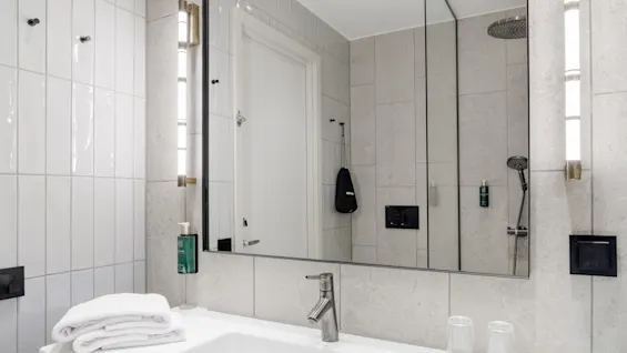 A modern bathroom sink with a mirror above it, reflecting a glass-walled shower.