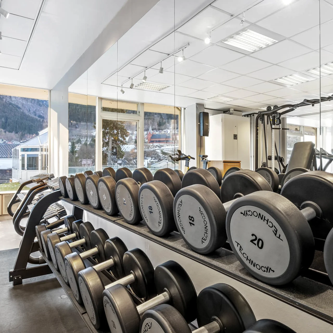 Hantlar ligger på ett ställ i ett väl upplyst gym med spegelväggar och stora fönster. Utanför syns en naturskön bergsutsikt.