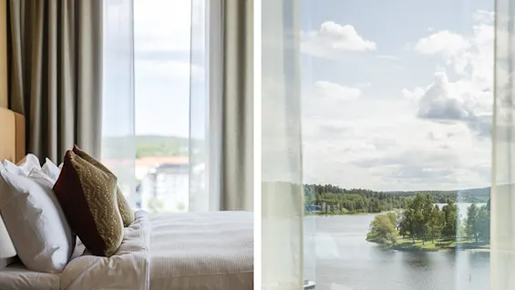 Et hyggeligt hotelværelse på Hernö Gin Hotel med en seng og et vindue med udsigt over en fredfyldt sø omgivet af frodige grønne træer.