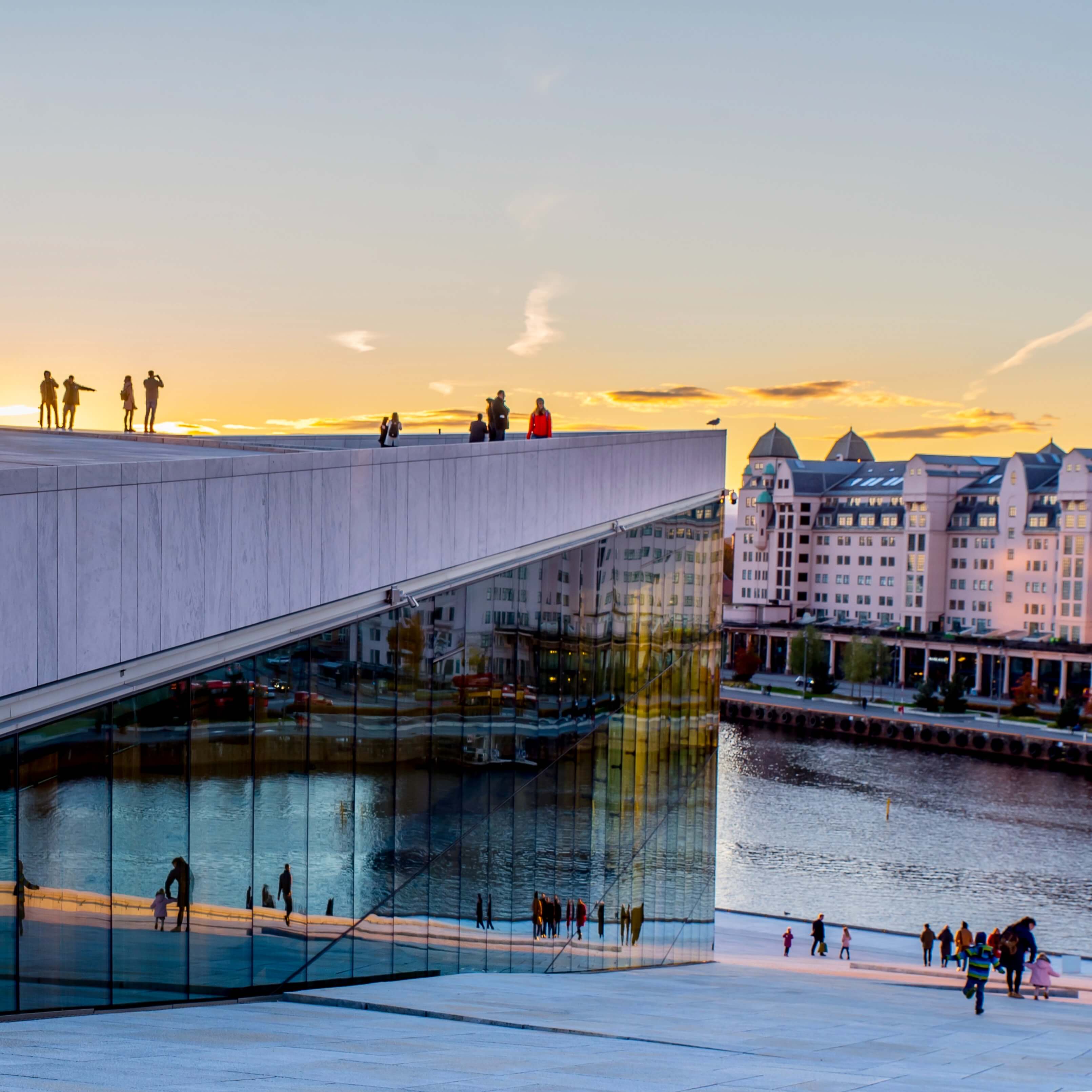 Oslo opera house in sunset.