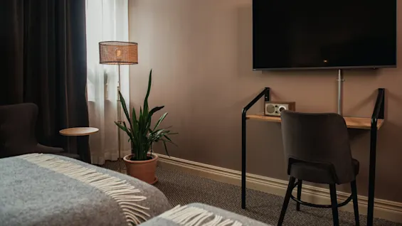 TV on wall above desk with chair, next to a potted plant, beside a floor lamp and a window with sheer curtains in a cozy, modern room.