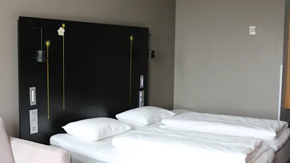 A neatly made double bed with white bedding rests against a dark headboard, adorned with simple floral decorations. A patterned blue rug and beige sofa frame the modern, minimalist room.