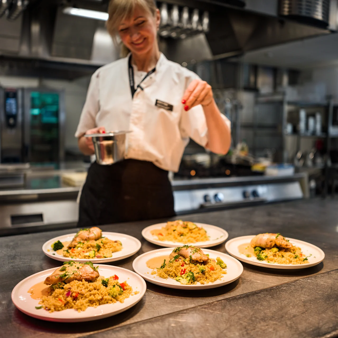 A chef garnishes plates of colorful couscous dishes in an industrial kitchen, using a small container, with stoves and kitchen equipment in the background.