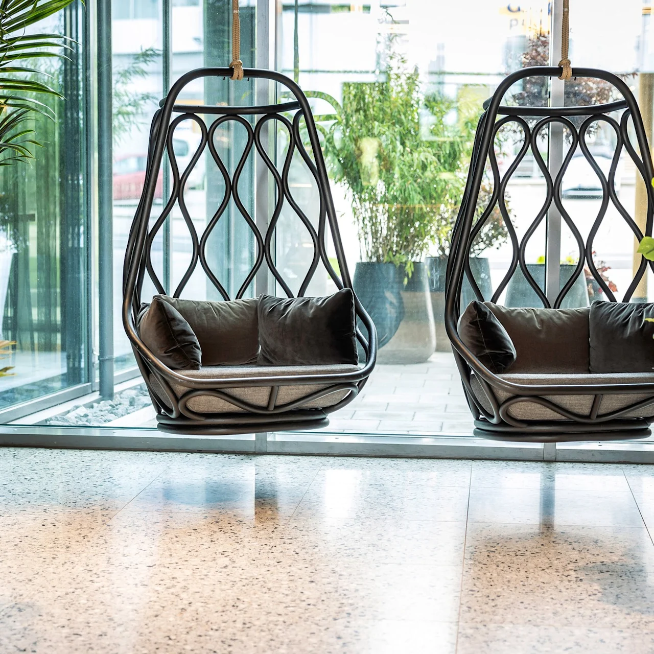 To moderne hængestole med puder er hængt op ved siden af store vinduer, omgivet af potteplanter, og skaber en indbydende og stilfuld indendørs lounge.