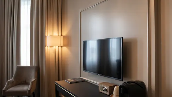 Et hyggeligt værelse med et vægmonteret TV, en kaffestation og en komfortabel stol ved siden af et vindu med gardiner.