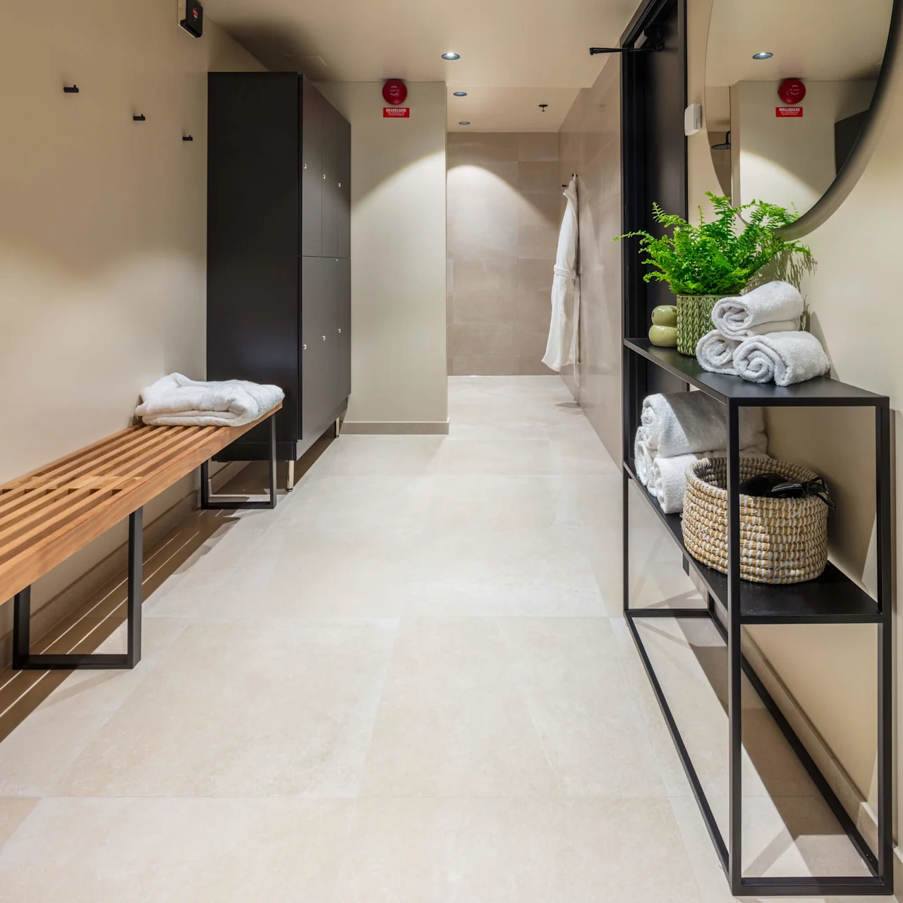 A modern locker room with wooden benches, mirrored walls, and organized shelves with towels and a plant, exuding cleanliness and tranquility.