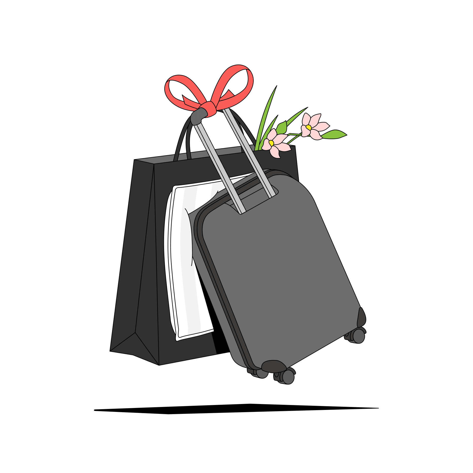 En svart koffert med en rød sløyfe og blomster støtter seg mot en shoppingpose.