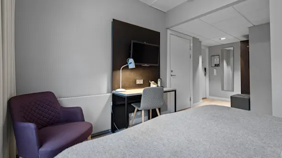 Ett modernt hotellrum med en bekväm säng, en skrivbordsplats med TV och en mysig fåtölj.