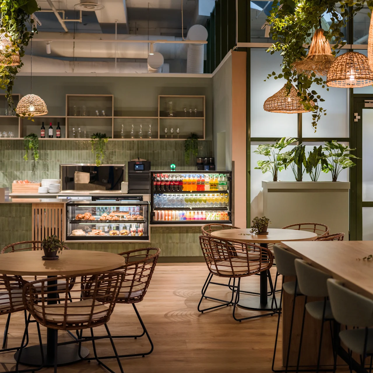 Café interior with wooden tables and wicker chairs, illuminated by hanging lamps. A counter displays drinks and pastries, surrounded by greenery and soft lighting.