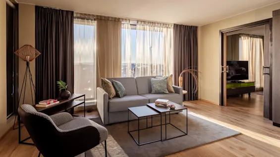 A living room features a gray sofa with cushions, a chair, and a coffee table. Sunlight illuminates the space through large windows with sheer curtains. A TV is visible in the adjacent room.