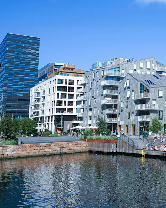 People relaxing by the water on a sunny day, with modern buildings in the background. Some are swimming, others are sunbathing.