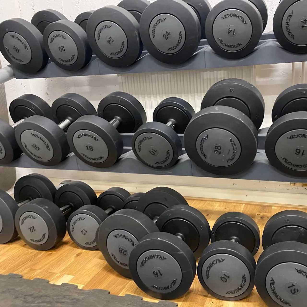 Håndvægte hviler på et multi-level rack i et fitnesscenter. Hver håndvægt er mærket med "Technogym" og forskellige vægte, inklusive 28, 20, 18, 16, 14, 12, 10 og 4.