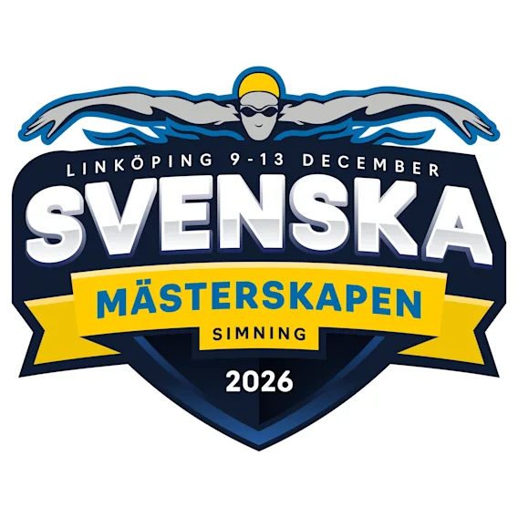 Logotyp för SM i simning 2026 i Linköping. Visar en fjärilssimmare över texten "Svenska Mästerskapen Simning 2026" på en mörkblå sköld med ett gult band.