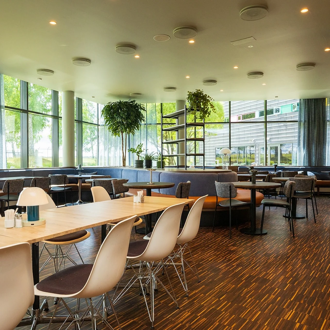 Spacious café features modern tables surrounded by contemporary chairs; large windows reveal a scenic outdoor view, while hanging plants and shelves add greenery and organization.