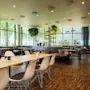 Spacious café features modern tables surrounded by contemporary chairs; large windows reveal a scenic outdoor view, while hanging plants and shelves add greenery and organization.