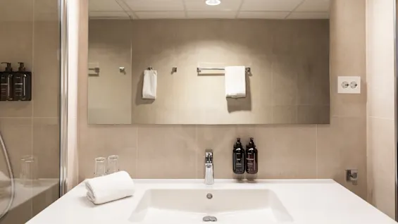 A clean and modern bathroom sink area with a large mirror, fresh towels, and toiletries, ready for use.