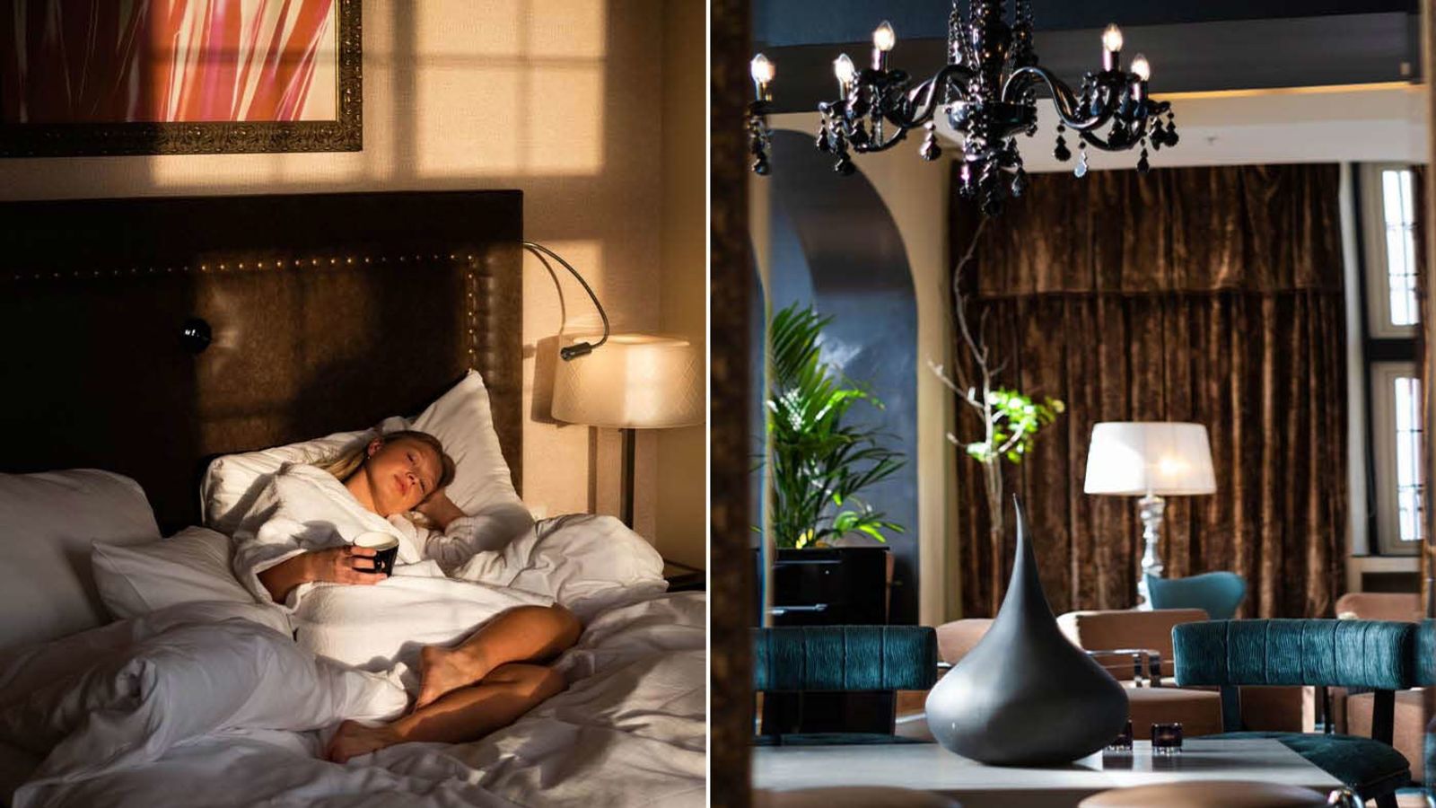 Girl in bed side by side in a collage with a picture of the lobby at Clarion Collection Hotel Havnekontoret