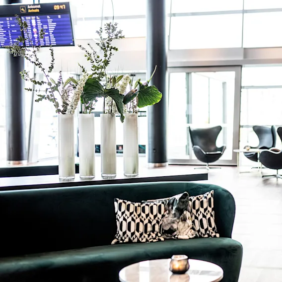 Fire høje vaser holder frodige grønne planter på et bord, omgivet af moderne siddepladser og store vinduer. Den digitale skærm viser "Ankomster Arrivals 09:47".