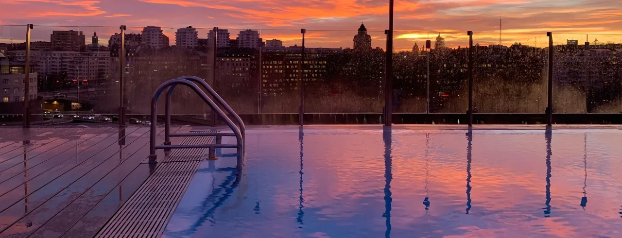 Sunset by the rooftop pool at Clarion Hotel Sign in Stockholm.