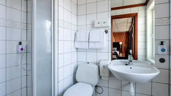 Toilet og håndvask i et hvidt flisebelagt badeværelse med brusehoved, håndklædestativ og sæbedispensere. Et spejl reflekterer et tilstødende værelse med seng og lampe.