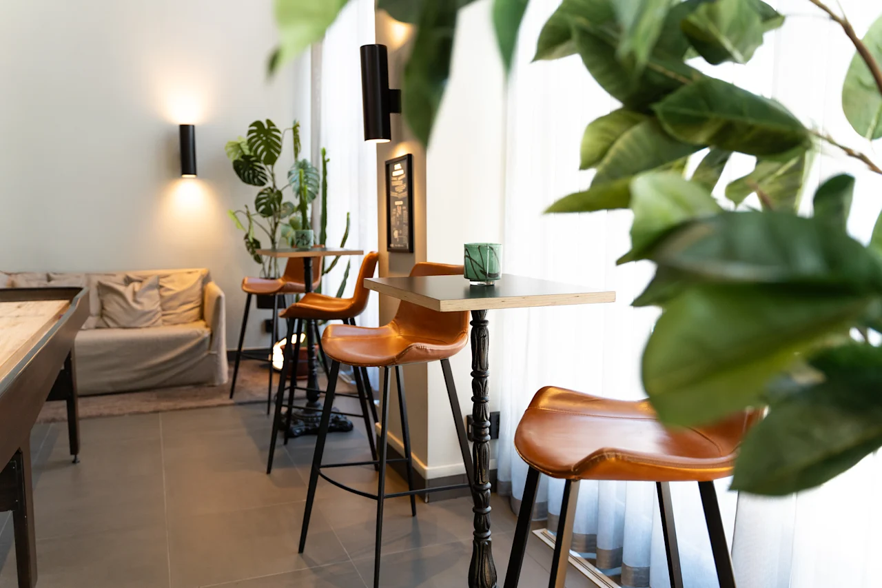 Kutsuva oleskelutila, jossa on korkeita pöytiä ruskeine nahkatuoleineen, viihtyisä sohva ja eloisia vihreitä kasveja.