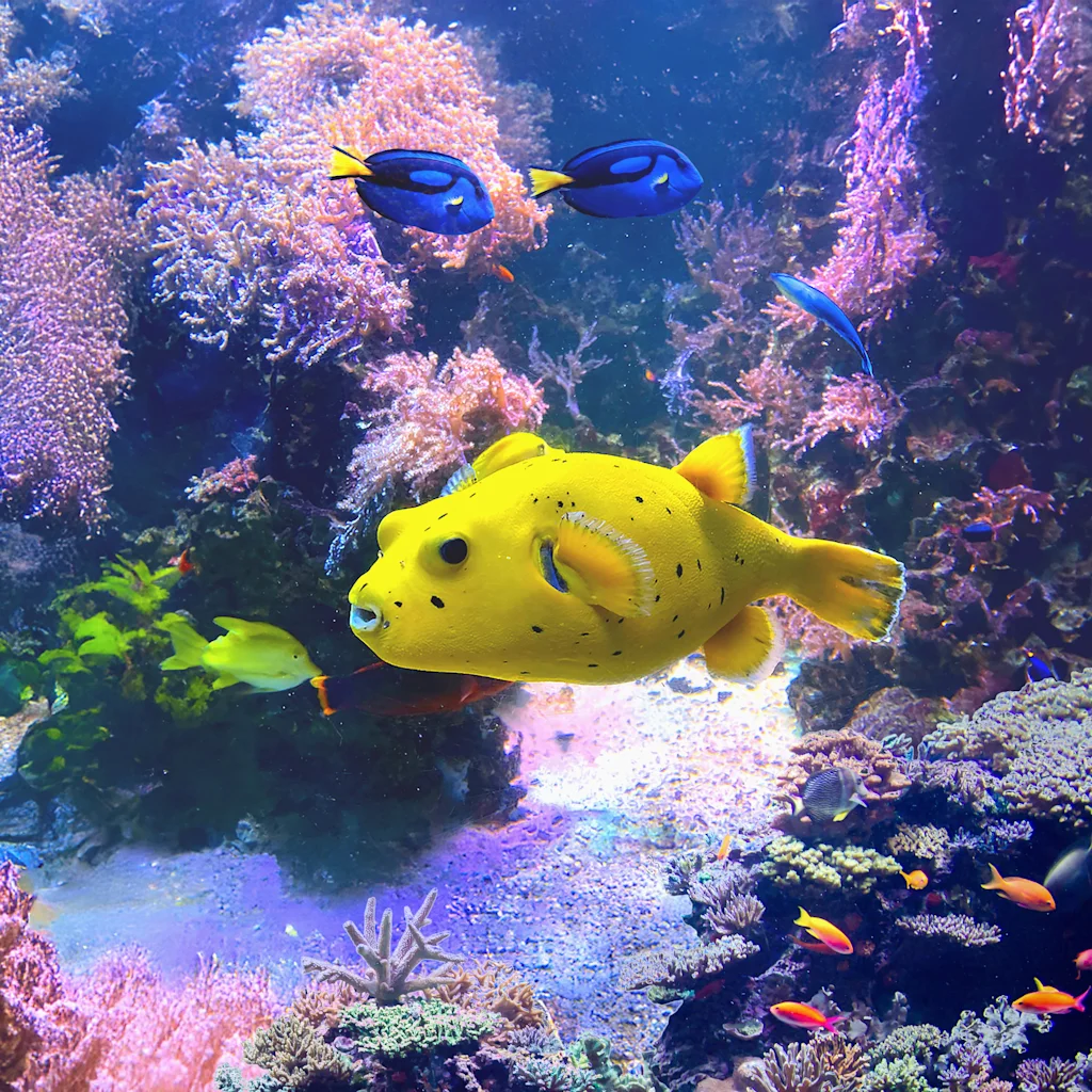 En livfull gul blåsfisk simmar bland färgglada koraller och andra fiskar i ett akvarium på Sea Life Helsingfors.