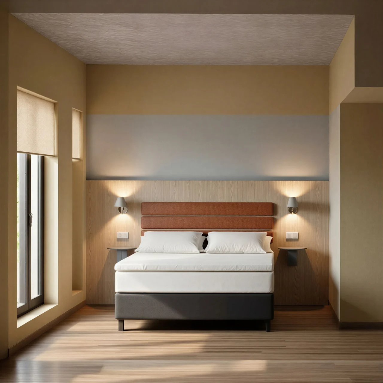 Et moderne og indbydende hotelværelse med en komfortabel seng, varm belysning og et vindue.