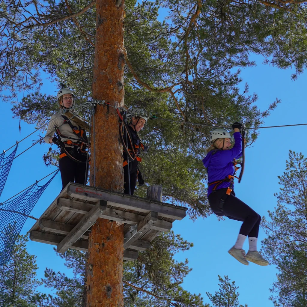 A person zip-lining through a forest with a clear blue sky, while others wait on a tree platform.