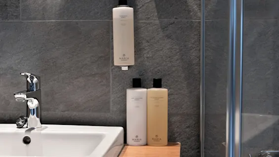 Et moderne badeværelse med vask, spejl og toiletartikler. Vægmonteret flydende håndsæbe, balsam og shampoo på bordet.