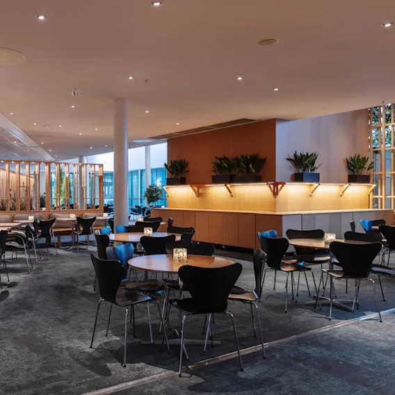 Bord och stolar ordnade i en modern restaurang, upplysta av taklampor och dekorativa ljus; träväggar och växter skapar en varm, inbjudande atmosfär.