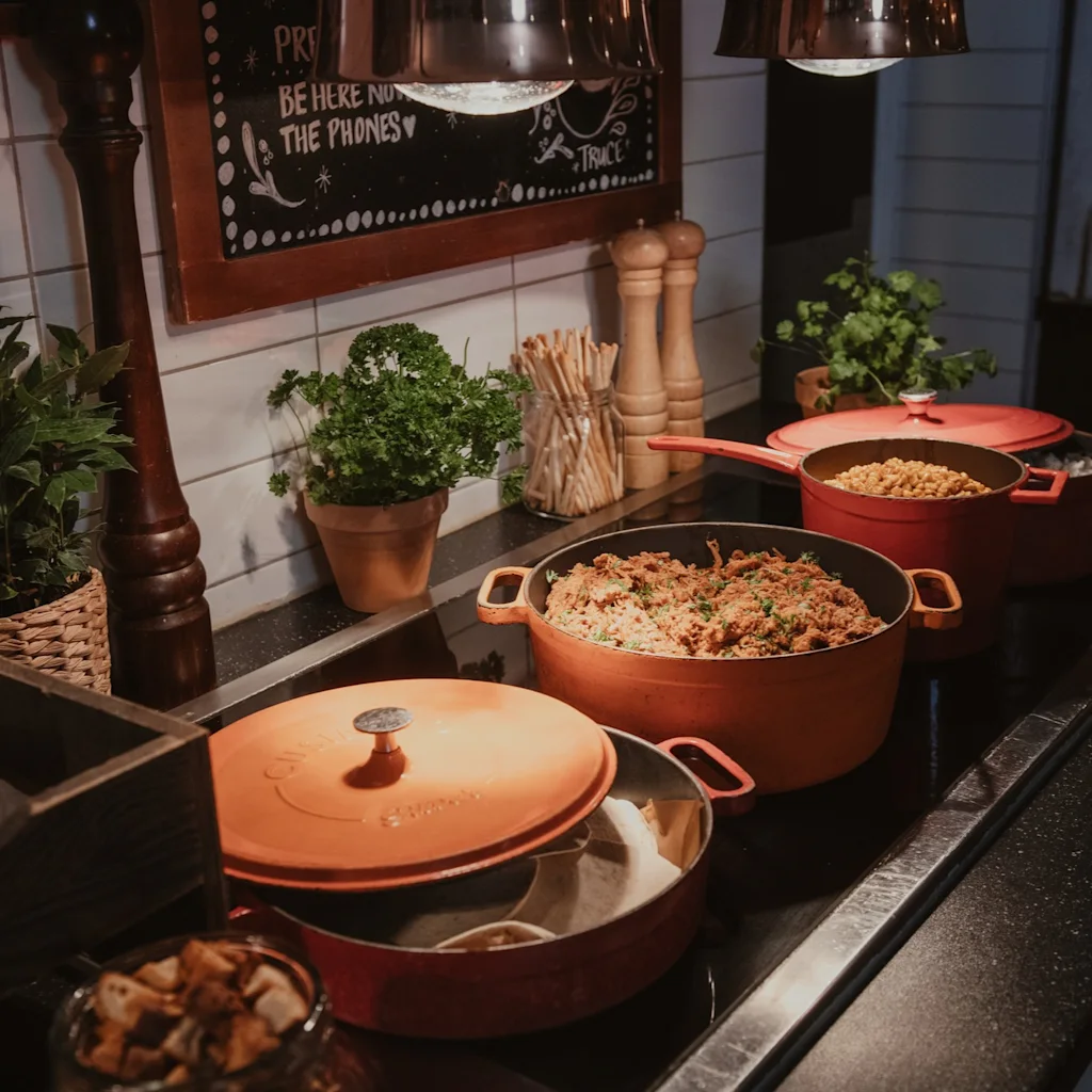 A buffet line with hot food in pots, fresh herbs, and a sign encouraging guests to "BE HERE NOT ON THE PHONES".