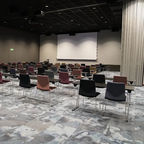Rader av tomma stolar som vetter mot en stor skärm i ett svagt upplyst konferensrum med mönstrad matta och enkla väggar. Gröna utrymningsskyltar är synliga.