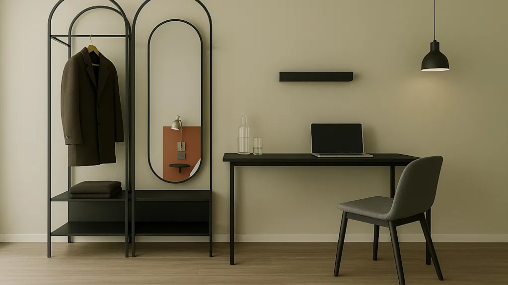 A modern room with a coat rack, mirror, and a desk with a laptop, suggesting a functional space for work or travel.