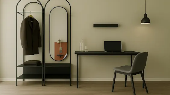A modern room with a coat rack, mirror, and a desk with a laptop, suggesting a functional space for work or travel.