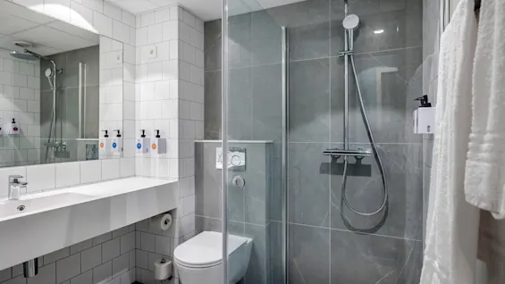 A modern bathroom features a wall-mounted toilet and glass-enclosed shower with a rain showerhead. The white tiled walls and large mirror enhance the open, clean aesthetic. 