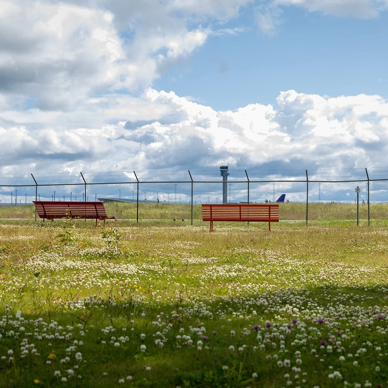 Two red benches sit idle on a grassy field. Barbed wire fence encloses the area, with an airport control tower and airplane visible in the distance under a cloudy sky.