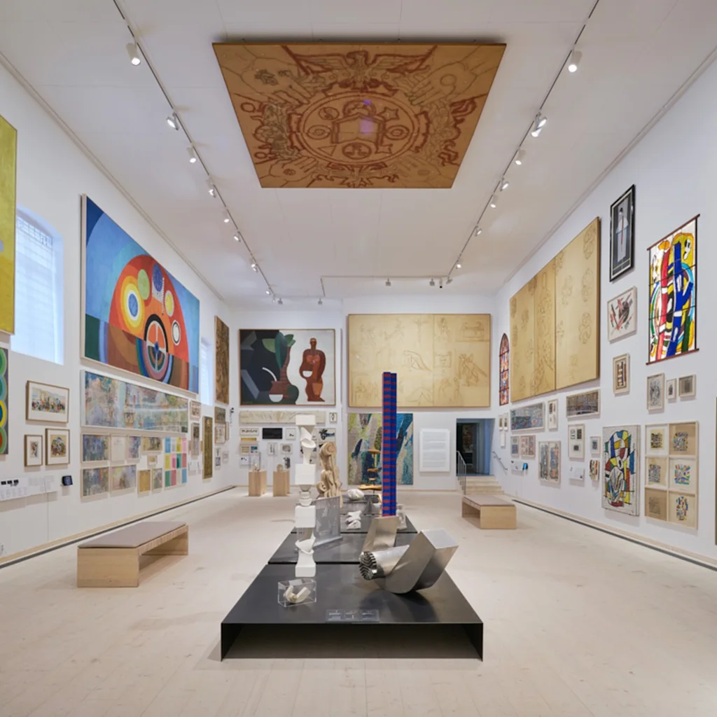 An art gallery at Skissernas museum in Lund, filled with diverse paintings and sculptures on display, inviting visitors to explore.