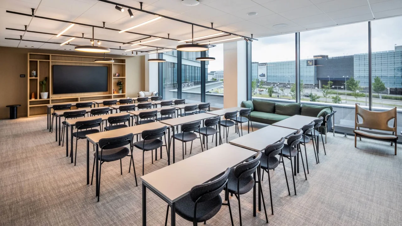 A modern classroom with rows of tables and chairs, a lounge area, and large windows.