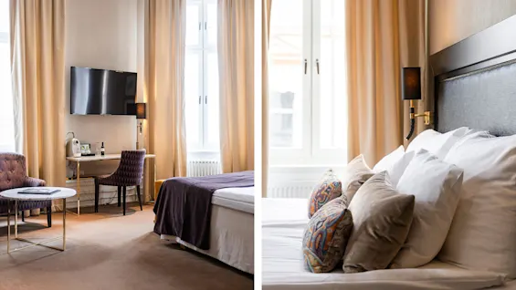Elegant hotellrum i split-vy: Vänster visar TV, skrivbord och sittgrupp, höger fokuserar på detaljerad plyschsängklädsel, båda med neutrala gardiner och dagsljus.