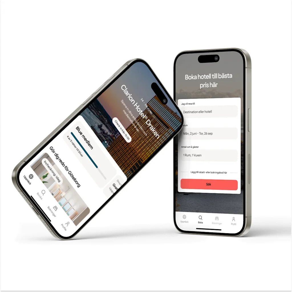 Två smartphones visar en hotellbokningsapp. Den ena visar 'Boka hotell till bästa pris här', den andra 'Gör dig redo för Göteborg'.