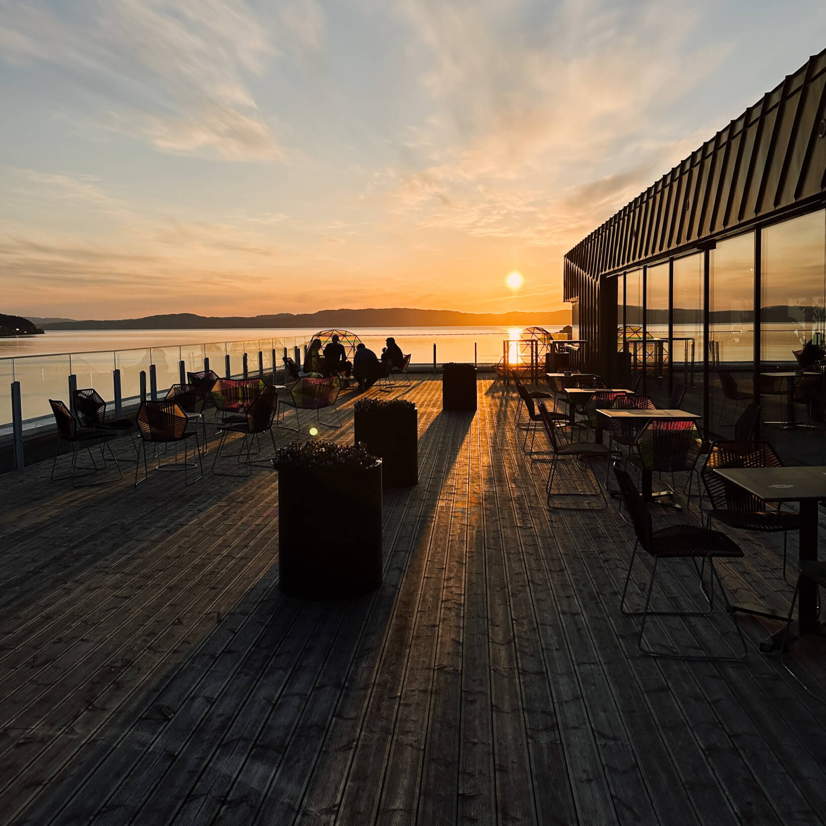 View and sunset at The Rooftop restaurant and bar at Clarion Hotel Trondheim. 