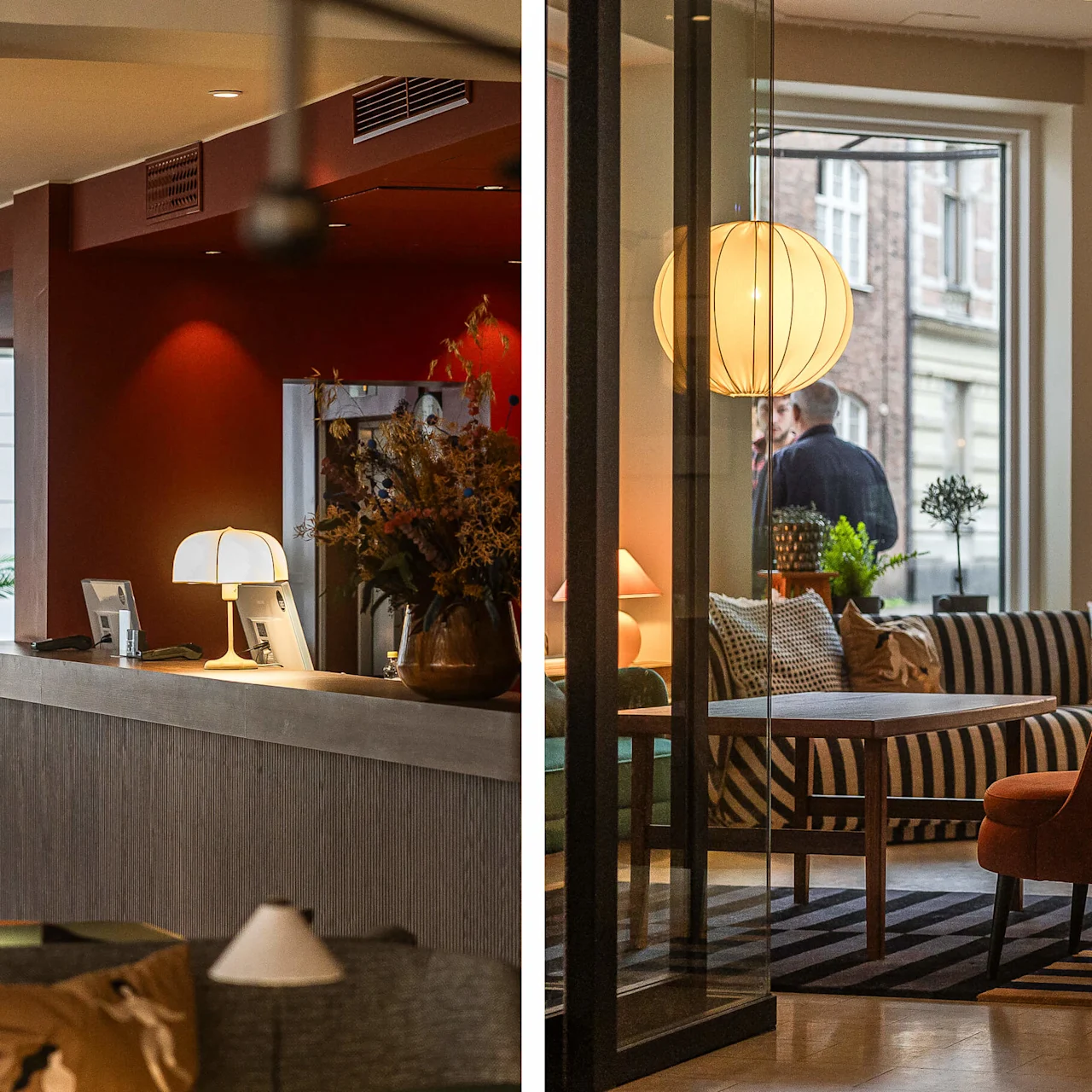Ett mysigt hotelllobby med moderna möbler, varm belysning och utsikt mot gatan i bakgrunden.