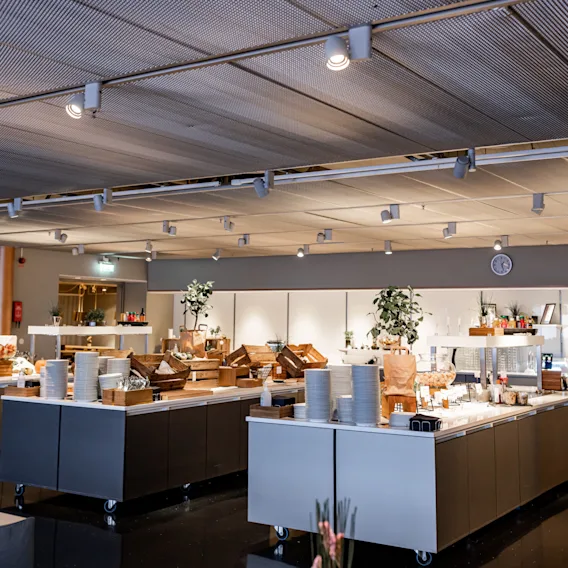 Buffébord är arrangerade med olika matvaror och drycker i en ljus, rymlig lokal. Tallrikar och bestick är prydligt staplade, med dekorativa växter som förstärker den eleganta presentationen.