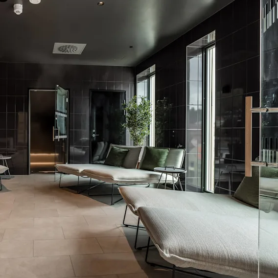Lounge chairs are arranged neatly in a dimly lit room with dark walls and large windows, decorated with green plants and soft lighting.