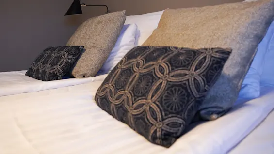 Pillows and a reading lamp on a bed create a cozy bedroom atmosphere.