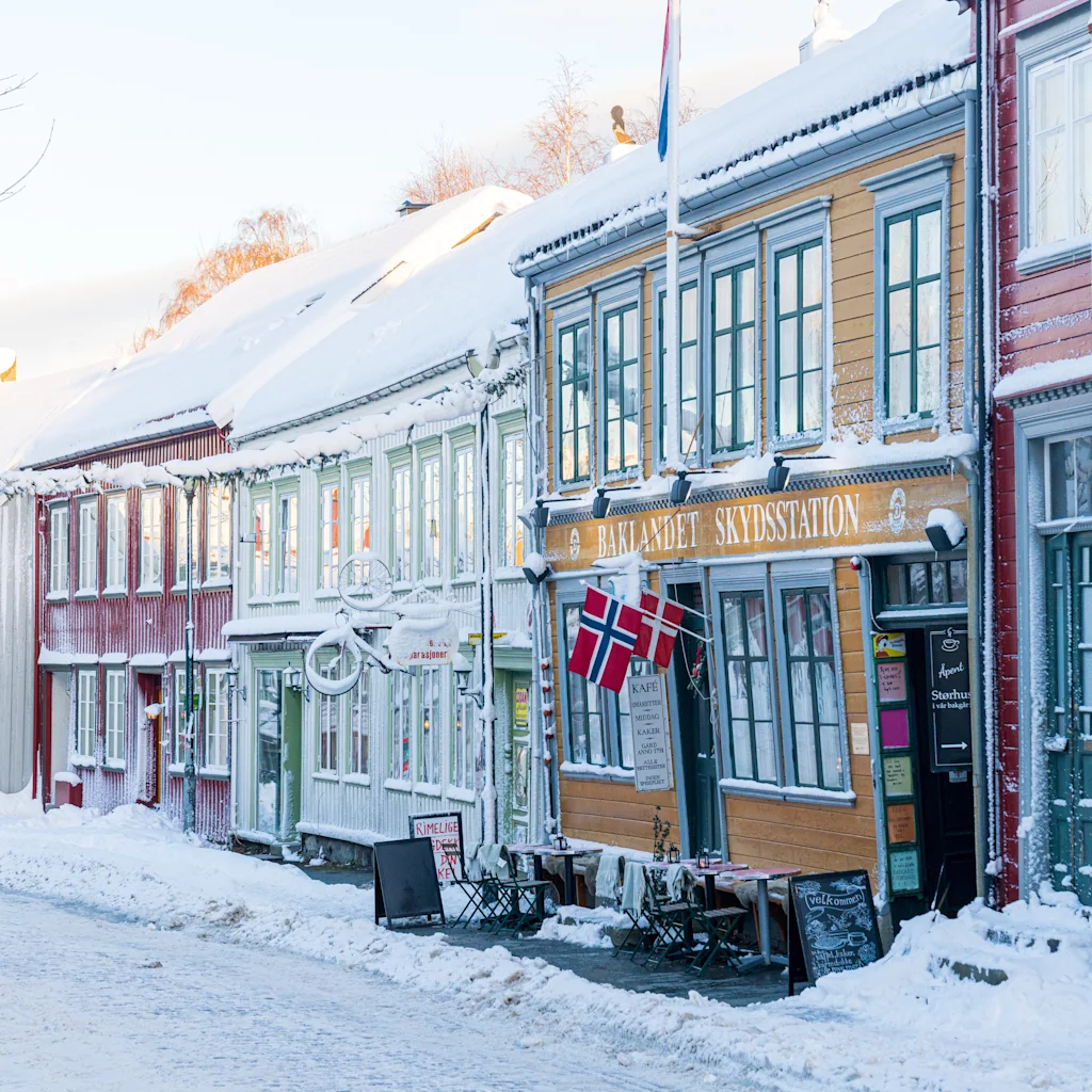 En charmerende sneklædt gade med farverige træbygninger og norske flag. En bygning har et skilt, hvor der står BAKLANDET SKYDDSSTATION.